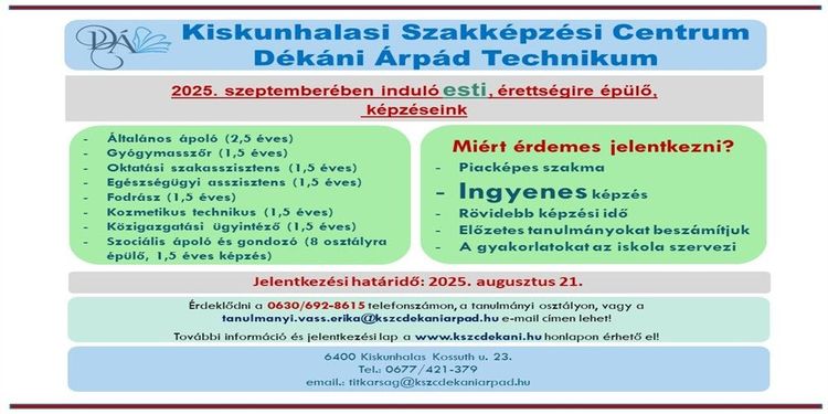 2025. szeptemberében induló esti, érettségire épülő képzéseink