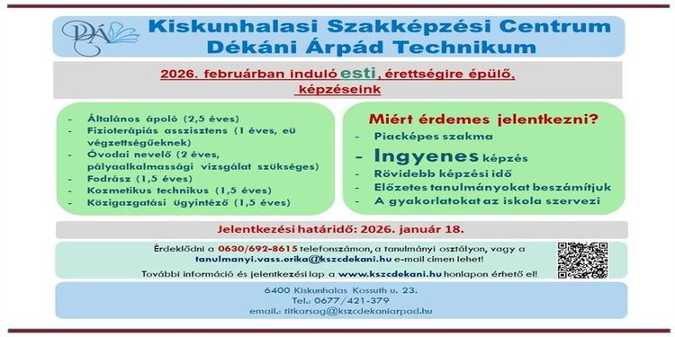 2026. februárban induló esti, érettségire épülő, képzéseink